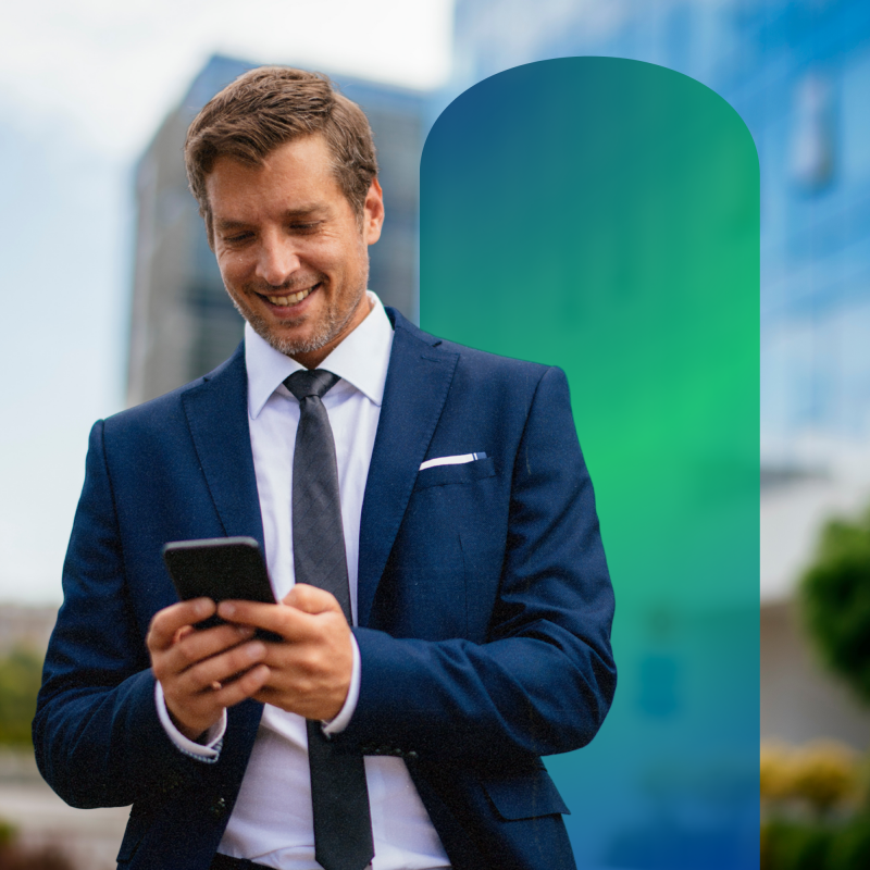man, smiling, suit jacket, tie, outside, mobile phone, business rates, rebate, notification